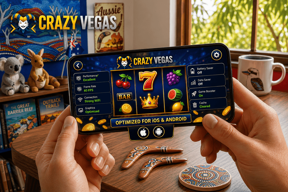 Hands holding a smartphone displaying a mobile online pokie game with performance optimisation overlays for iOS and Android, surrounded by Australian souvenirs.