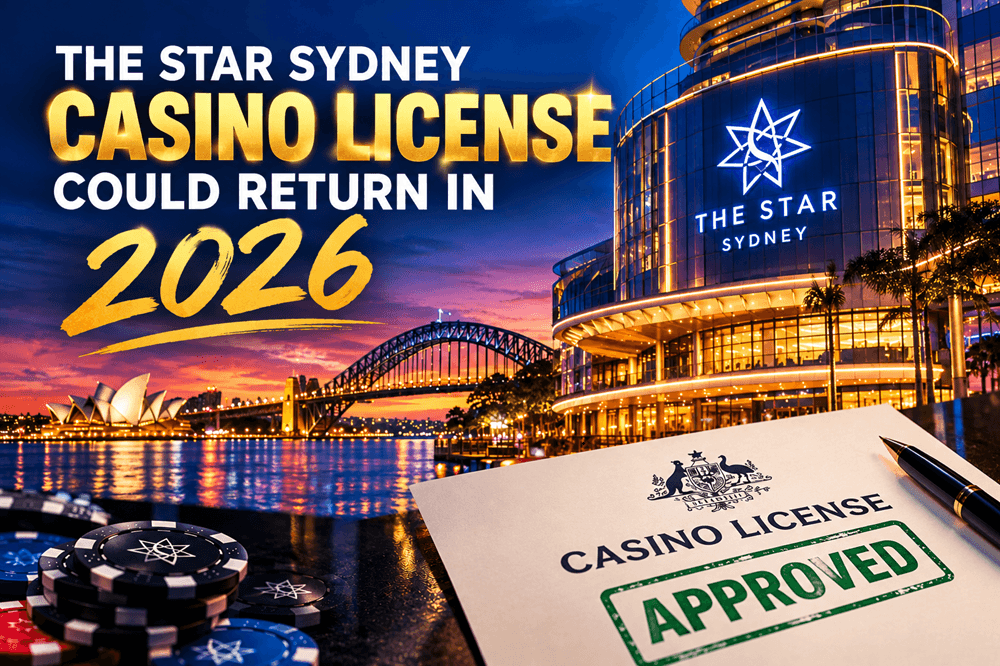 The Star Sydney casino and Sydney Harbour skyline at dusk, with a casino license document stamped “Approved” and text reading “The Star Sydney Casino License Could Return in 2026.”